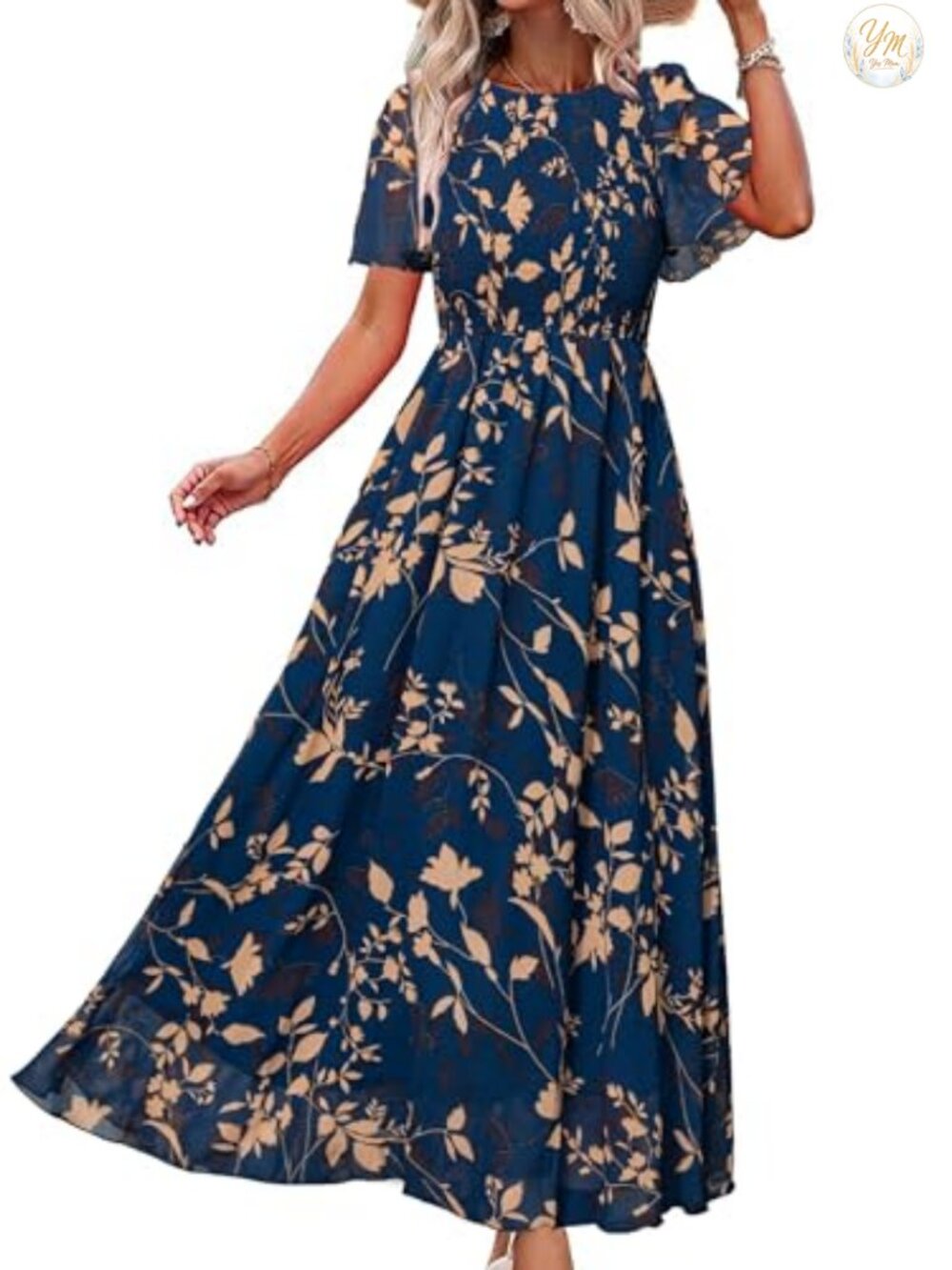 Womens Floral Chiffon Smocked Flutter Sleeve Maxi Dress Wedding Guest